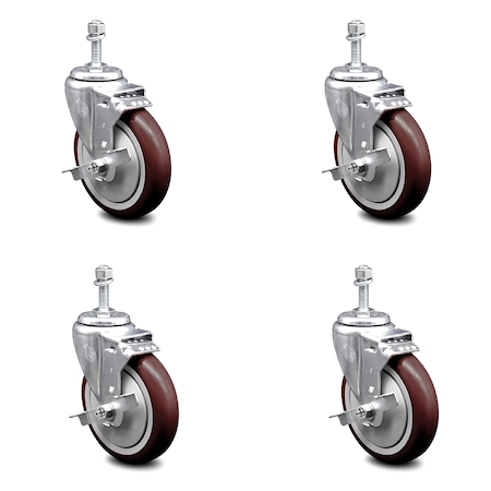 Service Caster 5 Inch Maroon Polyurethane Swivel 3/8 Inch Threaded Stem Caster Set with Brake SCC-TS20S514-PPUB-MRN-TLB-381615-4